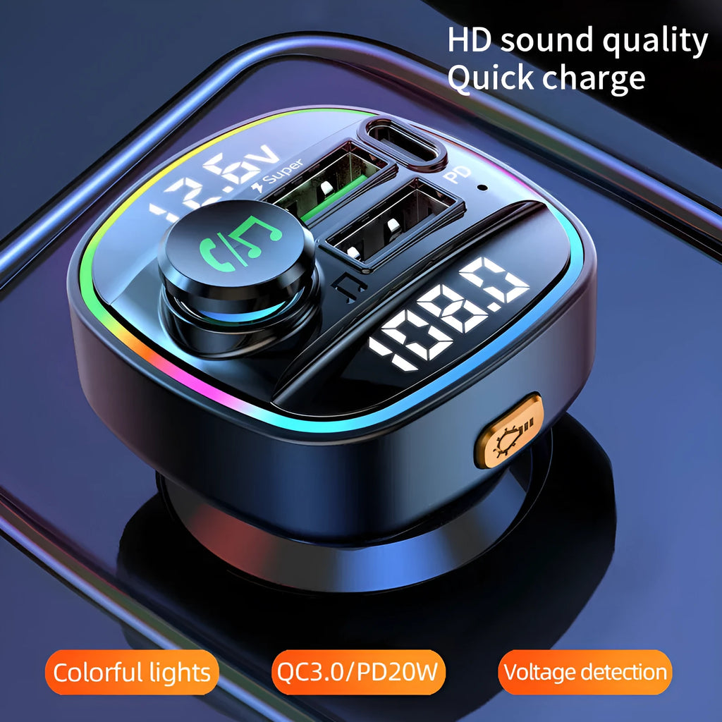 Bluetooth 5.0 FM transmitter with monochrome display and dual USB charging ports