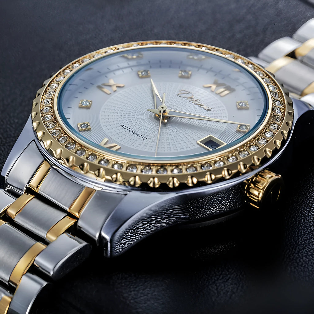 Fashionmonger men's automatic watch with luminous hands on gold or silver metal case.