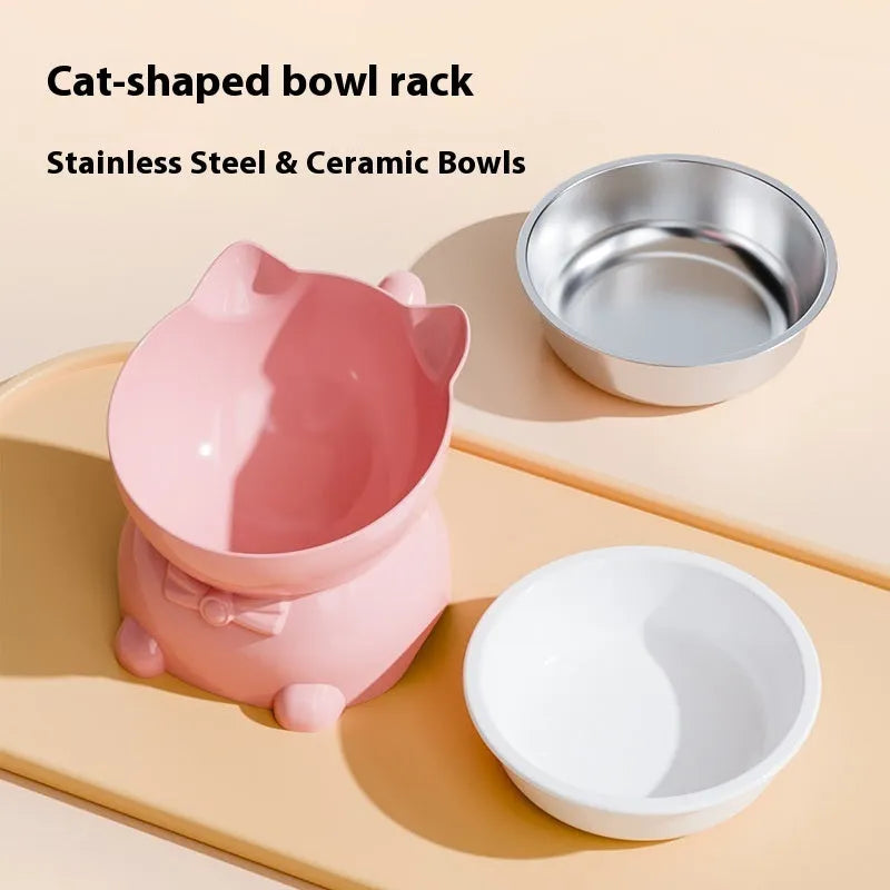 Stainless steel oblique anti-fall cat bowl with weighted base and silicone non-slip ring in blue.