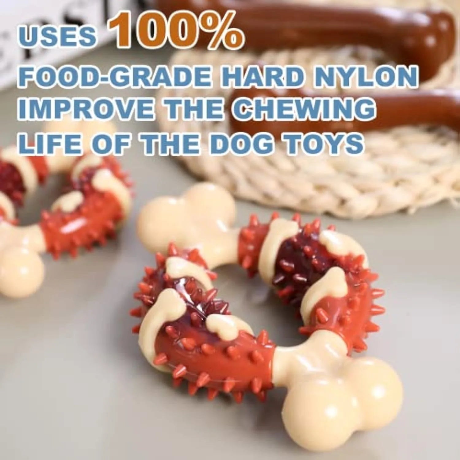 Natural rubber bone-shaped dog chew toy for teeth grinding in two size options