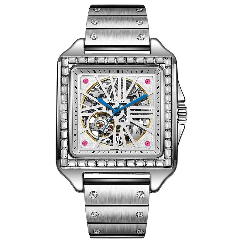 Men's square automatic watch with diamond studs on black leather strap