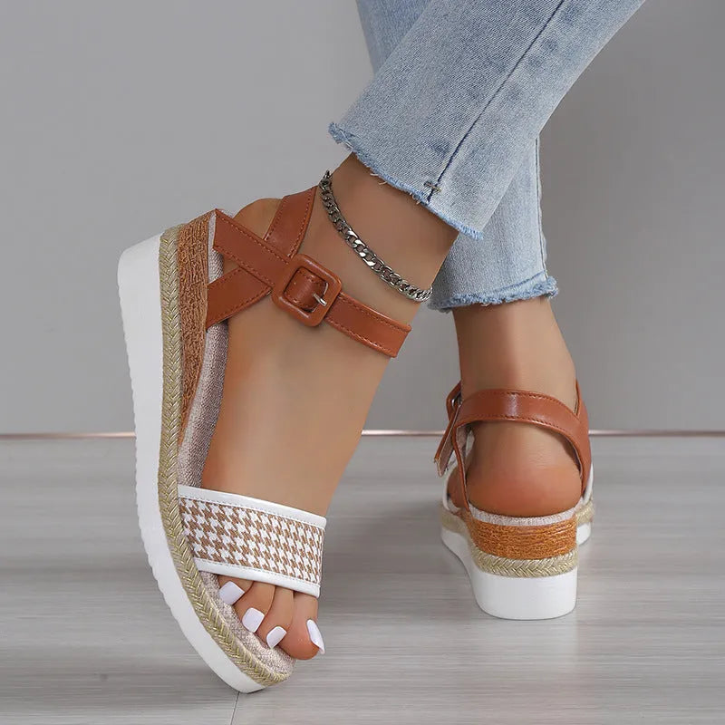 Women's houndstooth print buckle sandal with fish mouth toe in white, PVC upper