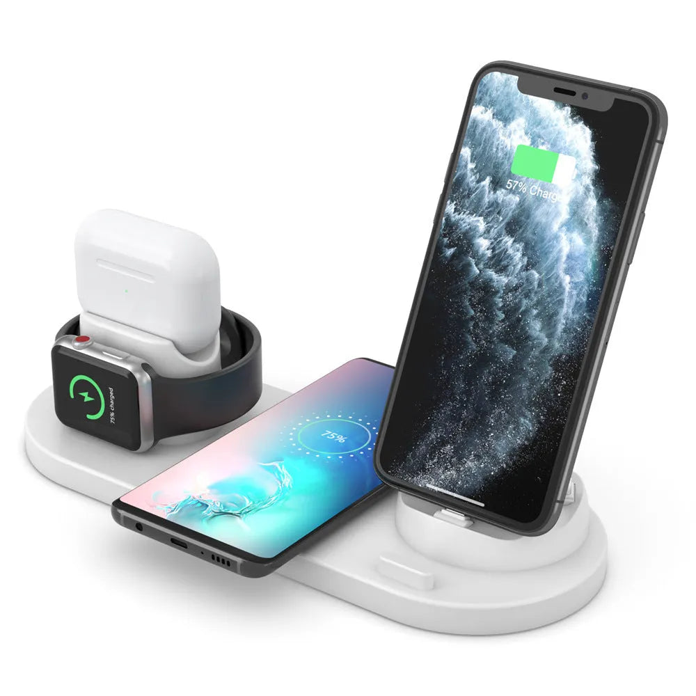 Black and white wireless charging station with phone holder showing multiple device charging pads