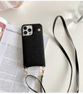 Creative flip crossbody phone case for iPhone 16 in black imitation leather with mirror card holder and lanyard
