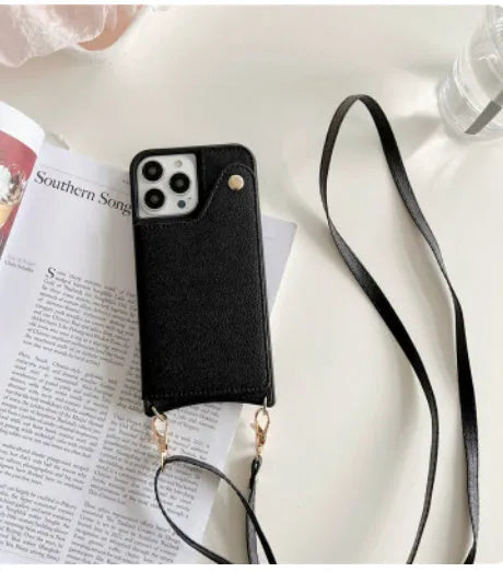 Creative flip crossbody phone case for iPhone 16 in black imitation leather with mirror card holder and lanyard