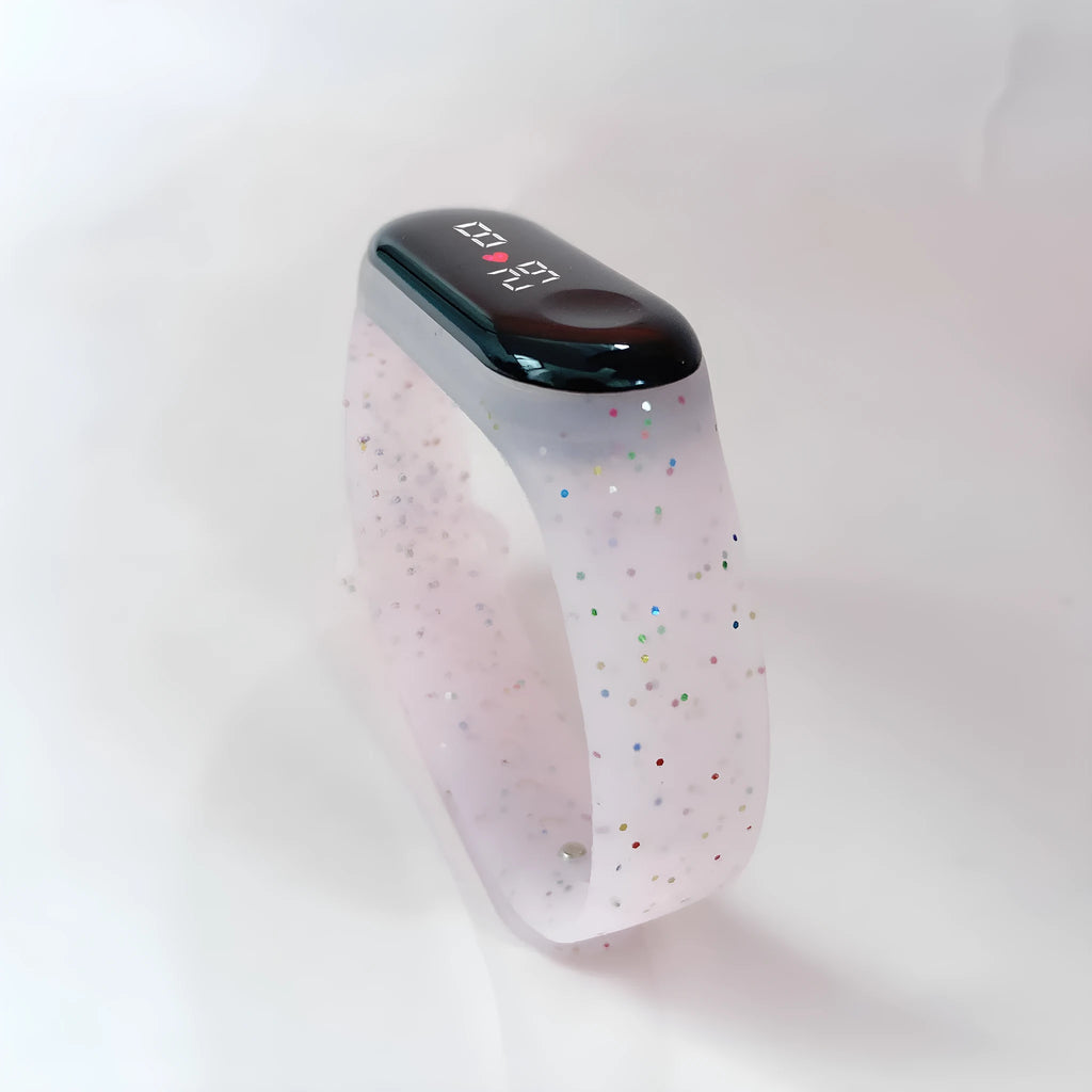Boys electronic digital bracelet watch with 50m waterproof, rectangular dial, silicone strap, plastic case, touch operation