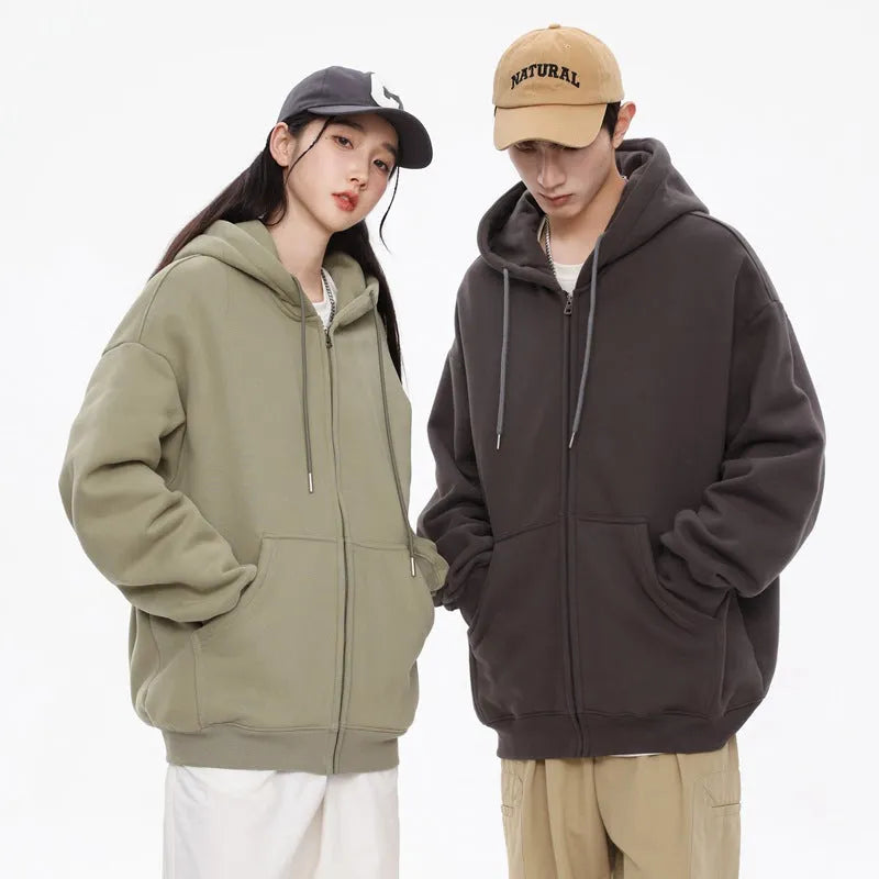 Men's solid colour hooded cardigan sweatshirt in loose fit polyester, front view