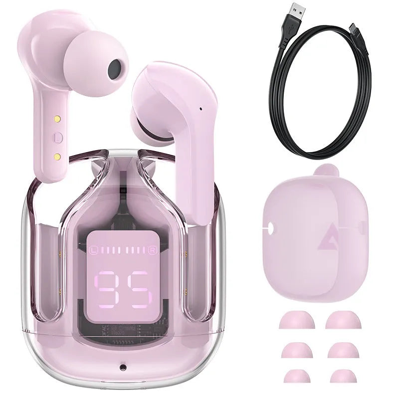 Mini wireless Bluetooth headset in charging compartment with LED battery display, pink colour, silicone case, and USB-C cable