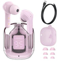 Mini wireless Bluetooth headset in charging compartment with LED battery display, pink colour, silicone case, and USB-C cable