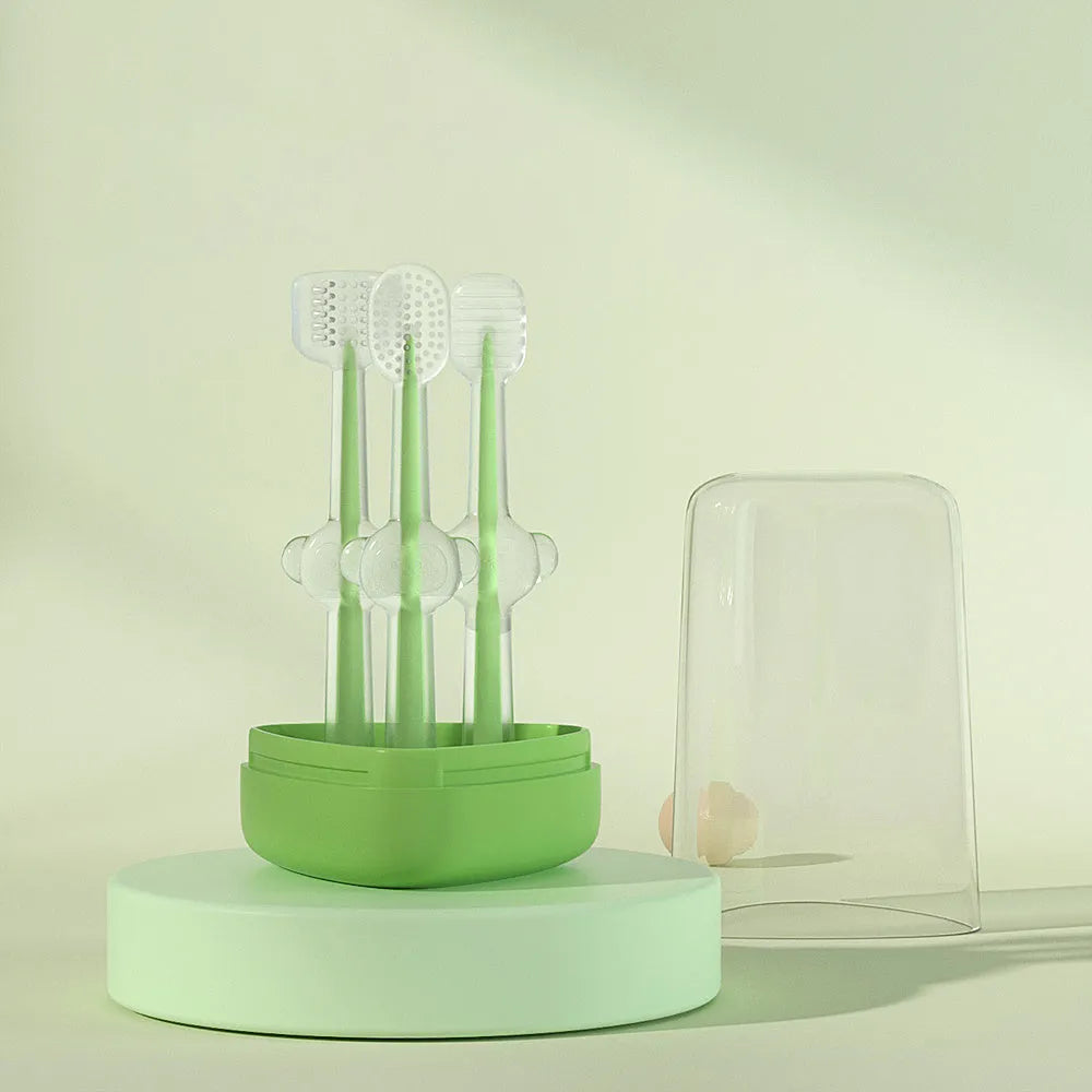 Pet toothbrush with dual silicone bristle heads in purple colour for dog and cat teeth cleaning