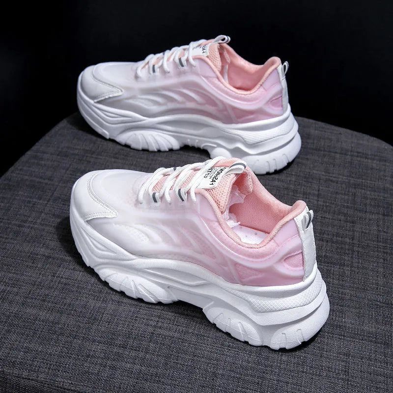 Women's all-match breathable satin sports casual shoes in pink, blue, purple with round toe and lace-up fastening