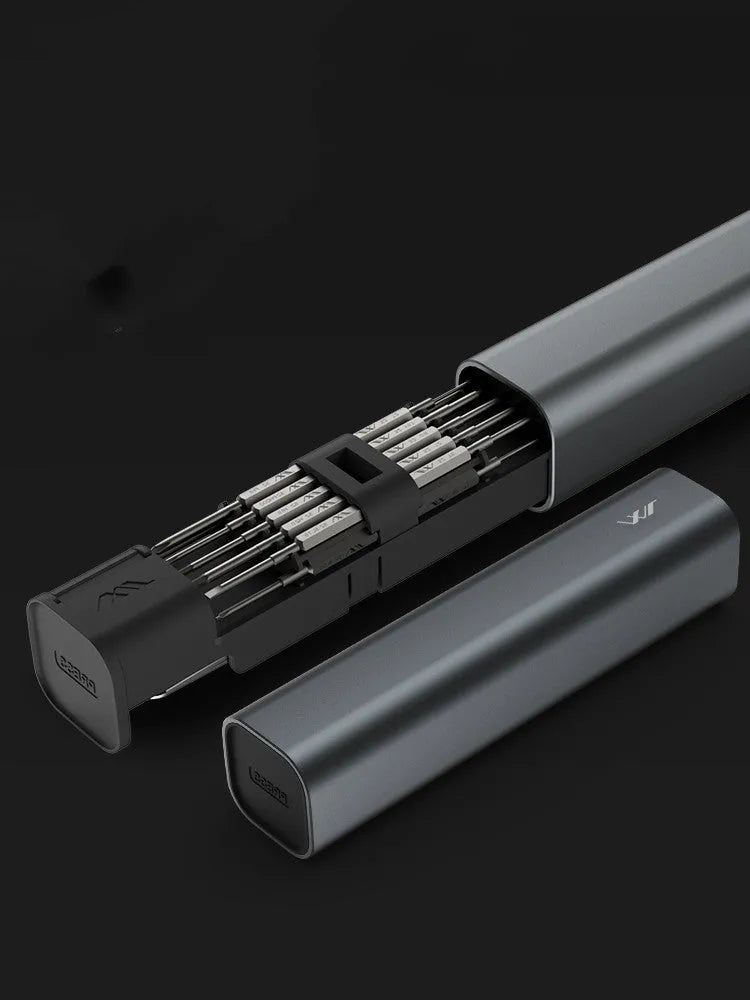 Black multi-function screwdriver set in aluminium tube with magnetic insulated chrome-molybdenum alloy steel tips for phone repair