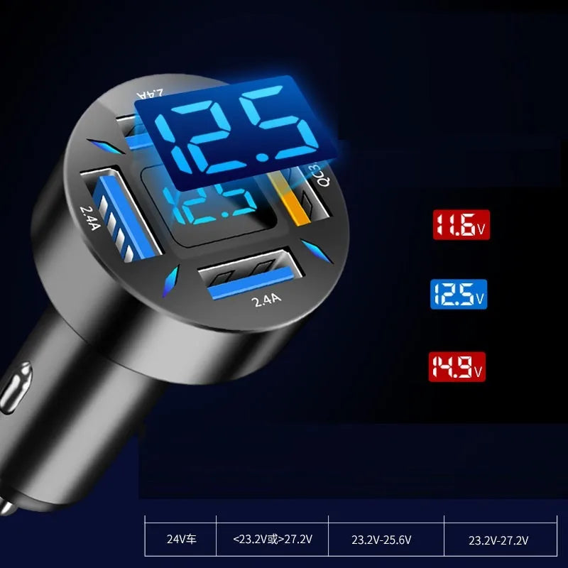 Four-port USB car charger with LED digital display, shown plugged into a vehicle socket.