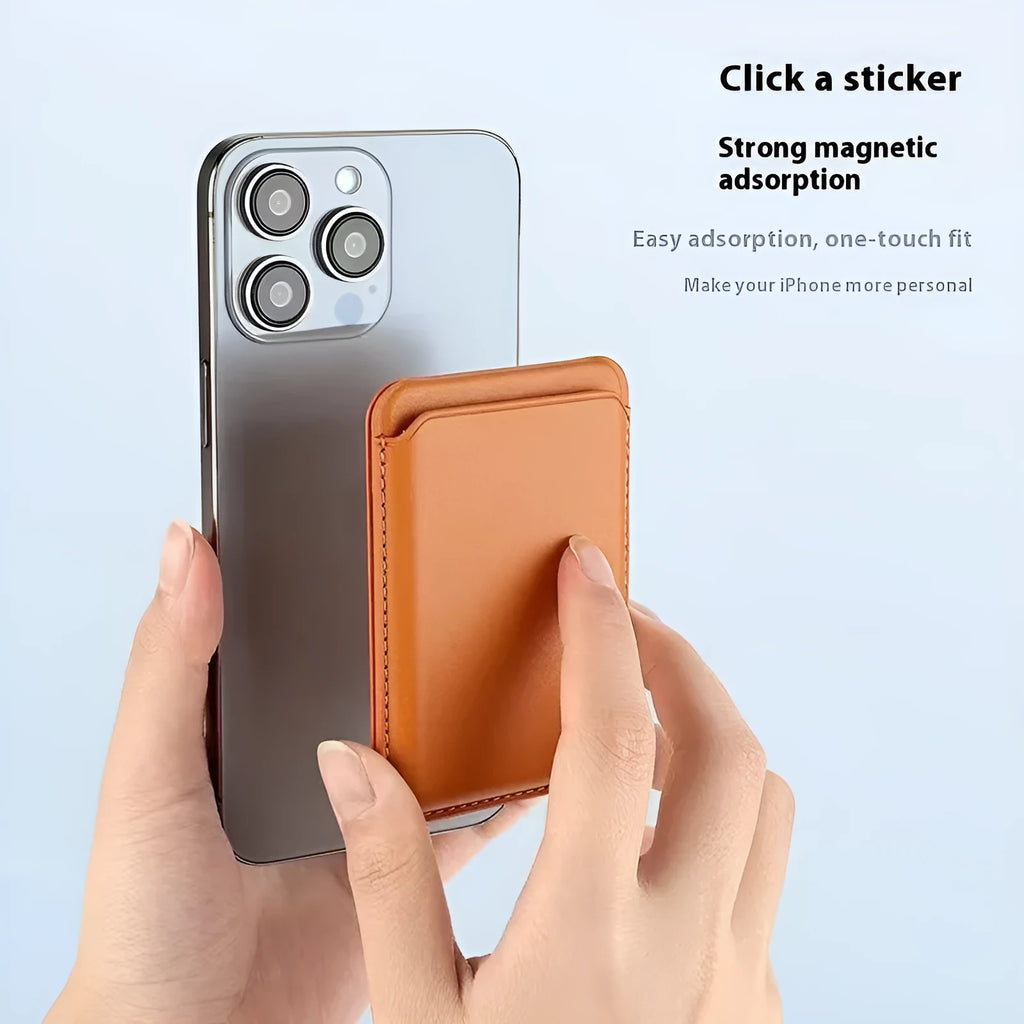 Magsafe magnetic card holder in dark blue with folding bracket stand on phone, imitation leather surface, 9.3x6.3cm