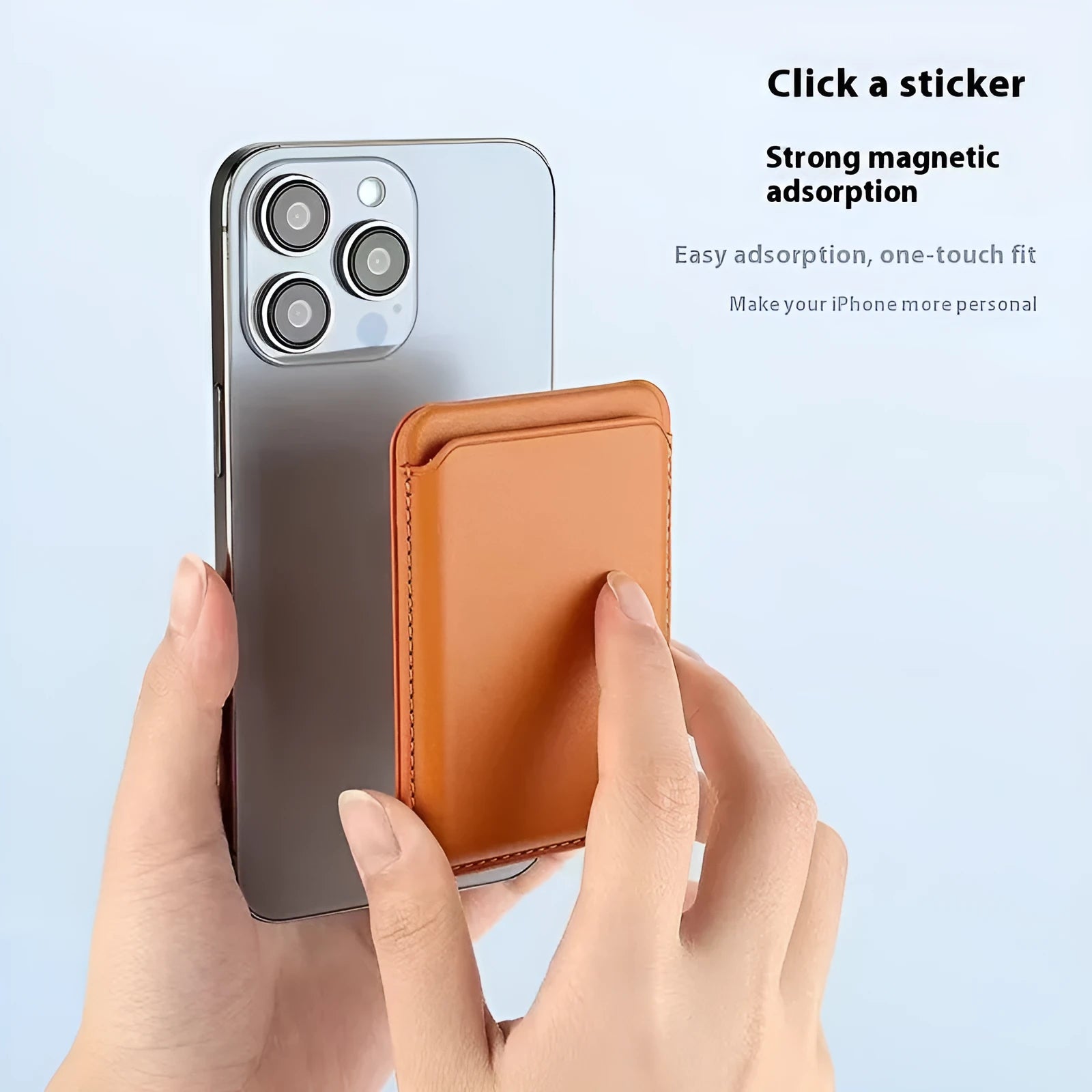 Magsafe magnetic card holder in dark blue with folding bracket stand on phone, imitation leather surface, 9.3x6.3cm