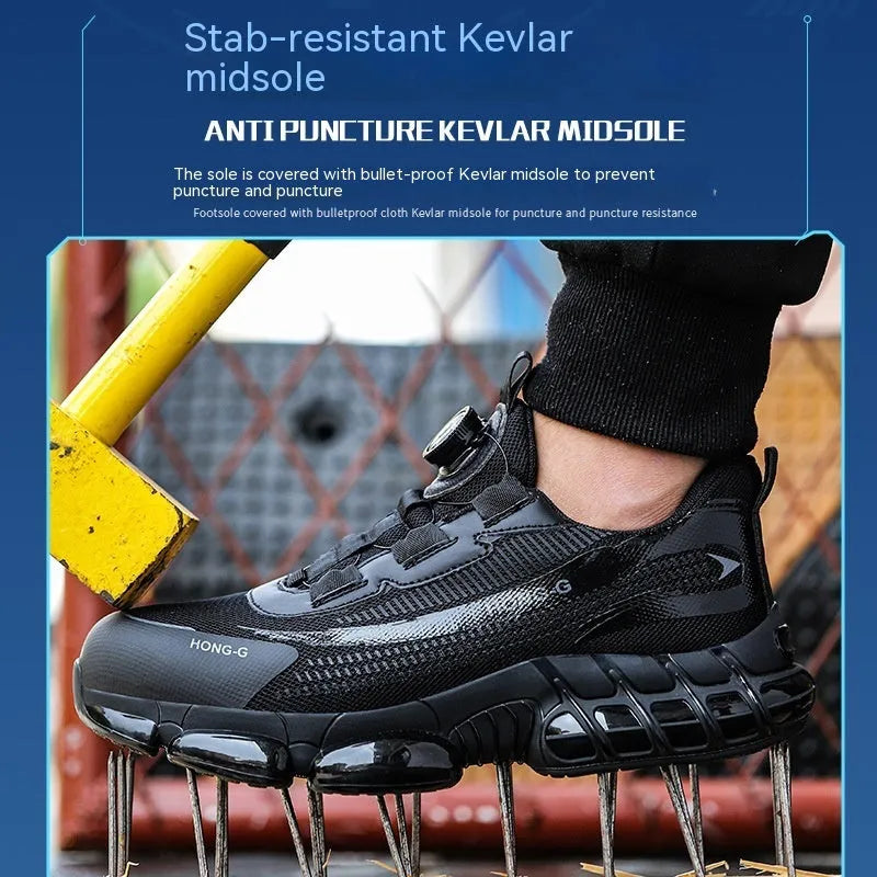 Low-top lightweight work safety shoes with laces in black, grey, or blue, featuring a steel toe cap.