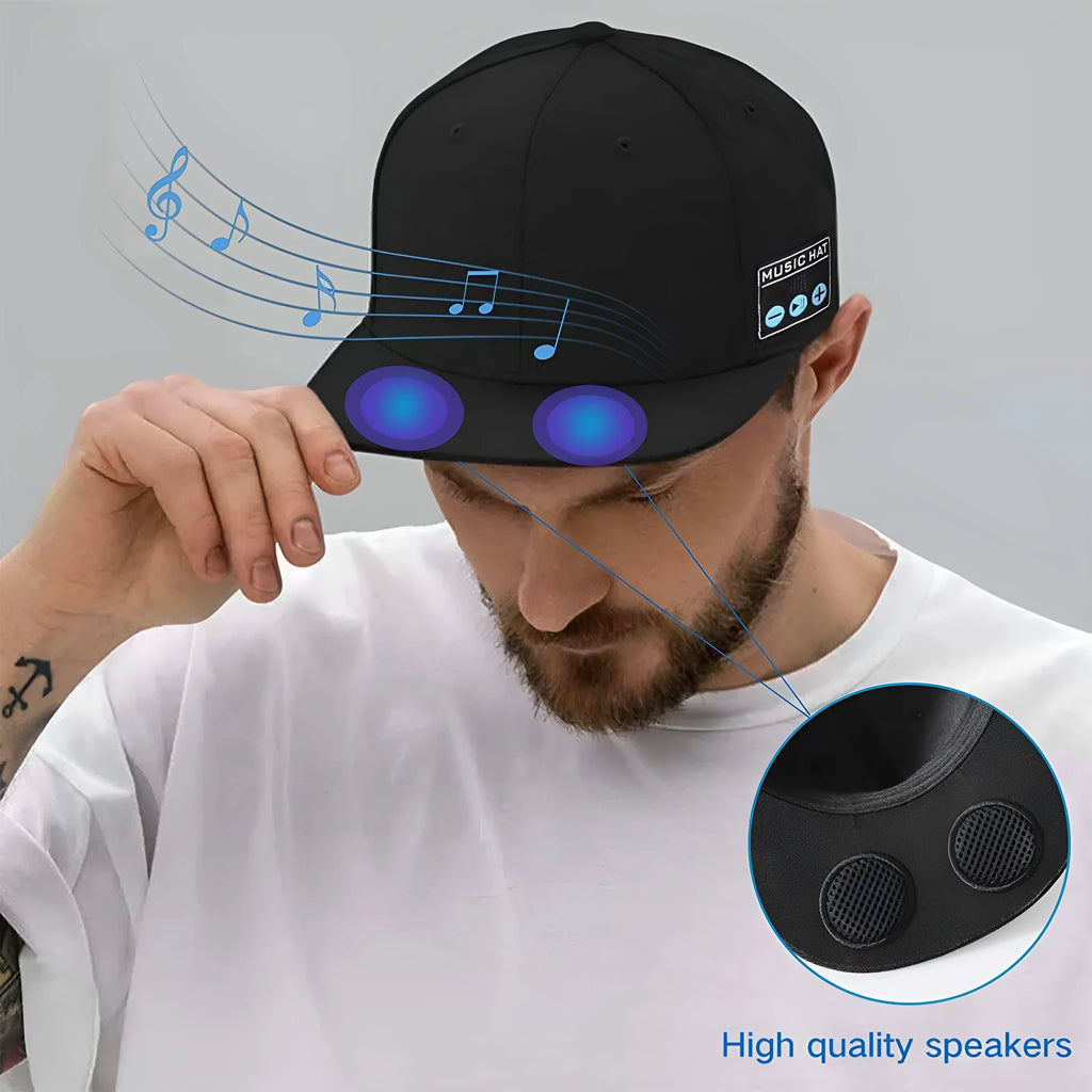 Wireless Bluetooth audio baseball cap in navy blue with built-in stereo headphones for music and calls