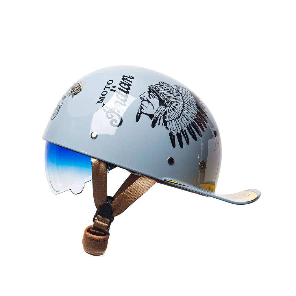 Men's retro half helmet for electric bicycles in bright black with blue gradient lens.