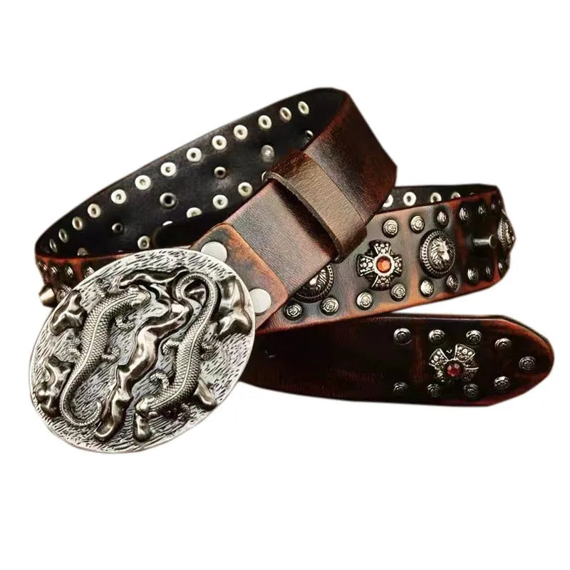 Men's black genuine leather belt with punk-style rivet detail on alloy buckle.