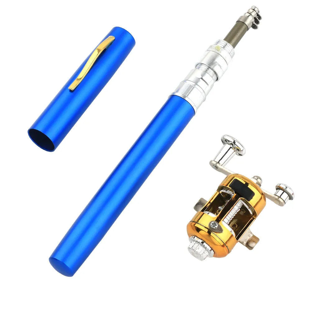 Gold telescopic pocket fishing rod collapsed in aluminium case next to extended 1m rod with ST5RL reel.