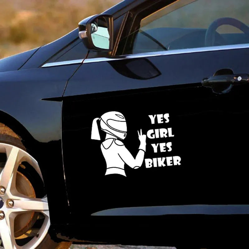 Cool girl rider design car sticker in black, white, and laser colours, 16cm by 15cm.