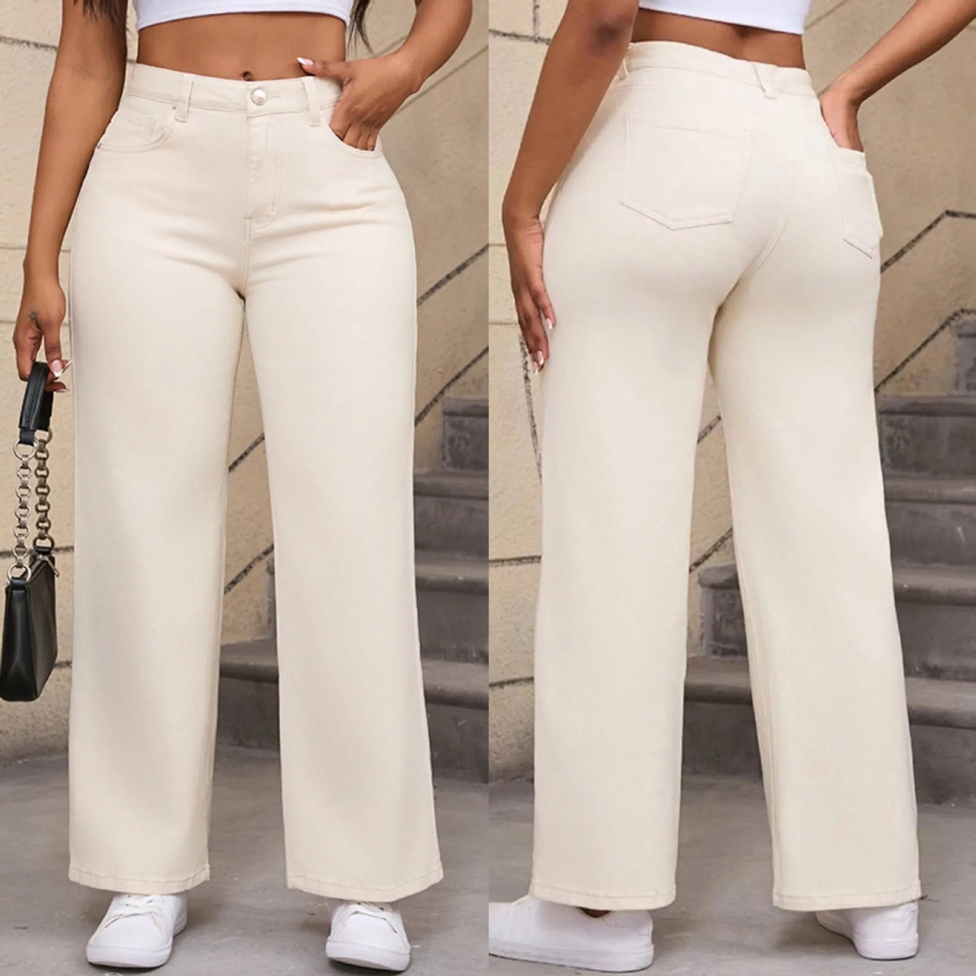 Women's high waist wide leg straight jeans in apricot colour with elastic cotton fabric