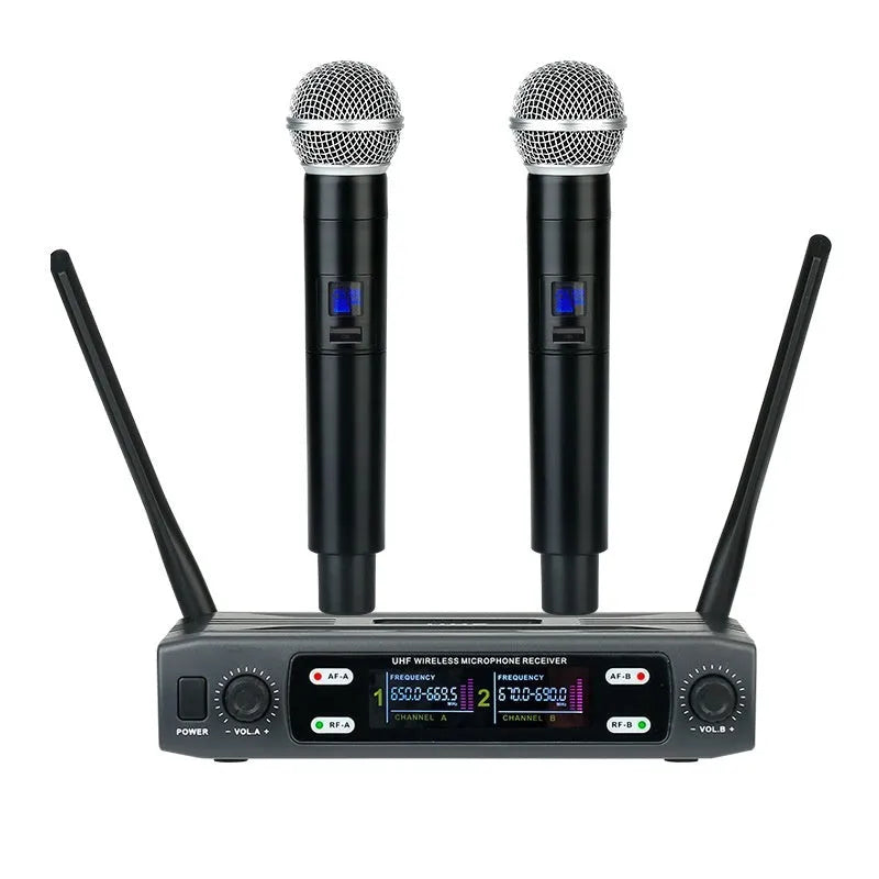 Black VHF one-to-two wireless karaoke microphone set with regulator and two microphones