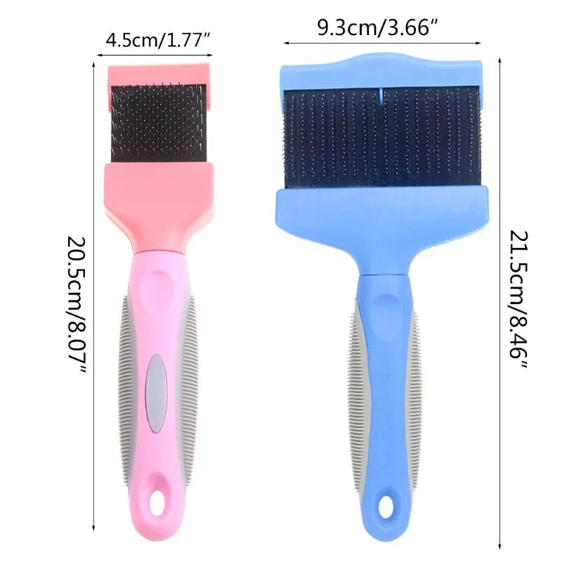 Double-sided pet brush with stainless steel pins in blue colour, showing ergonomic handle and flexible brush head