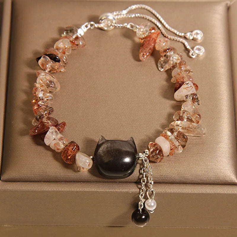 Pink crystal gravel kitten bracelet for women light luxury style
