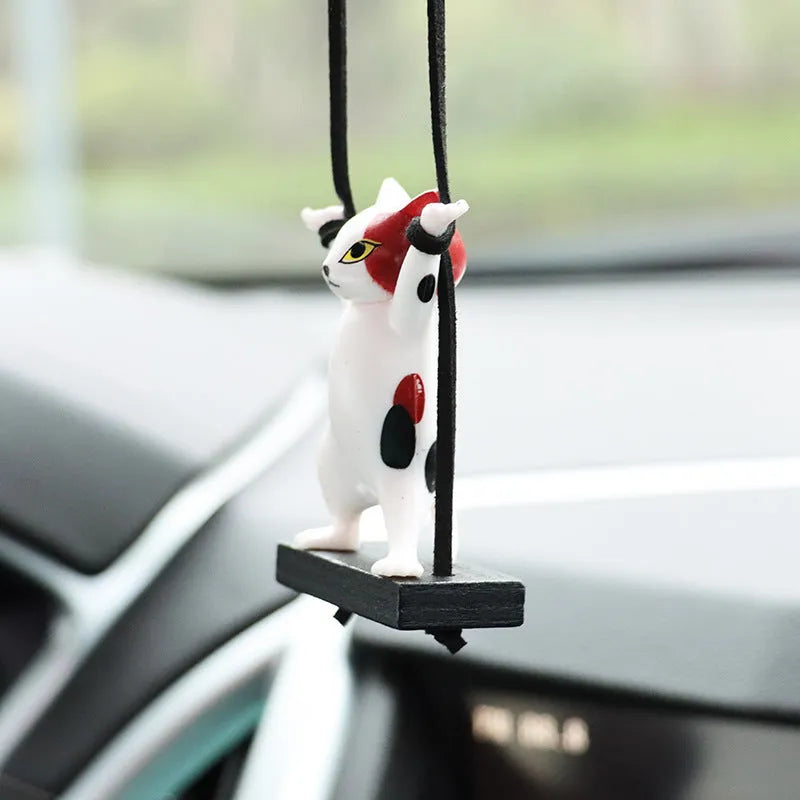 Resin cat pendant car decoration with adjustable rope in cartoon style