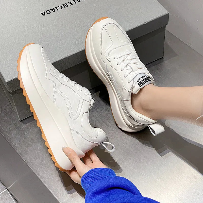 Women's white cowhide leather casual sports shoes with English muffin heel and cross strap front lace-up