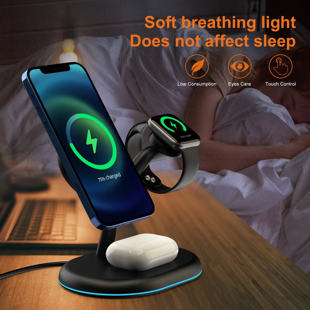 Black three-in-one magnetic wireless charger with ABS case on desktop