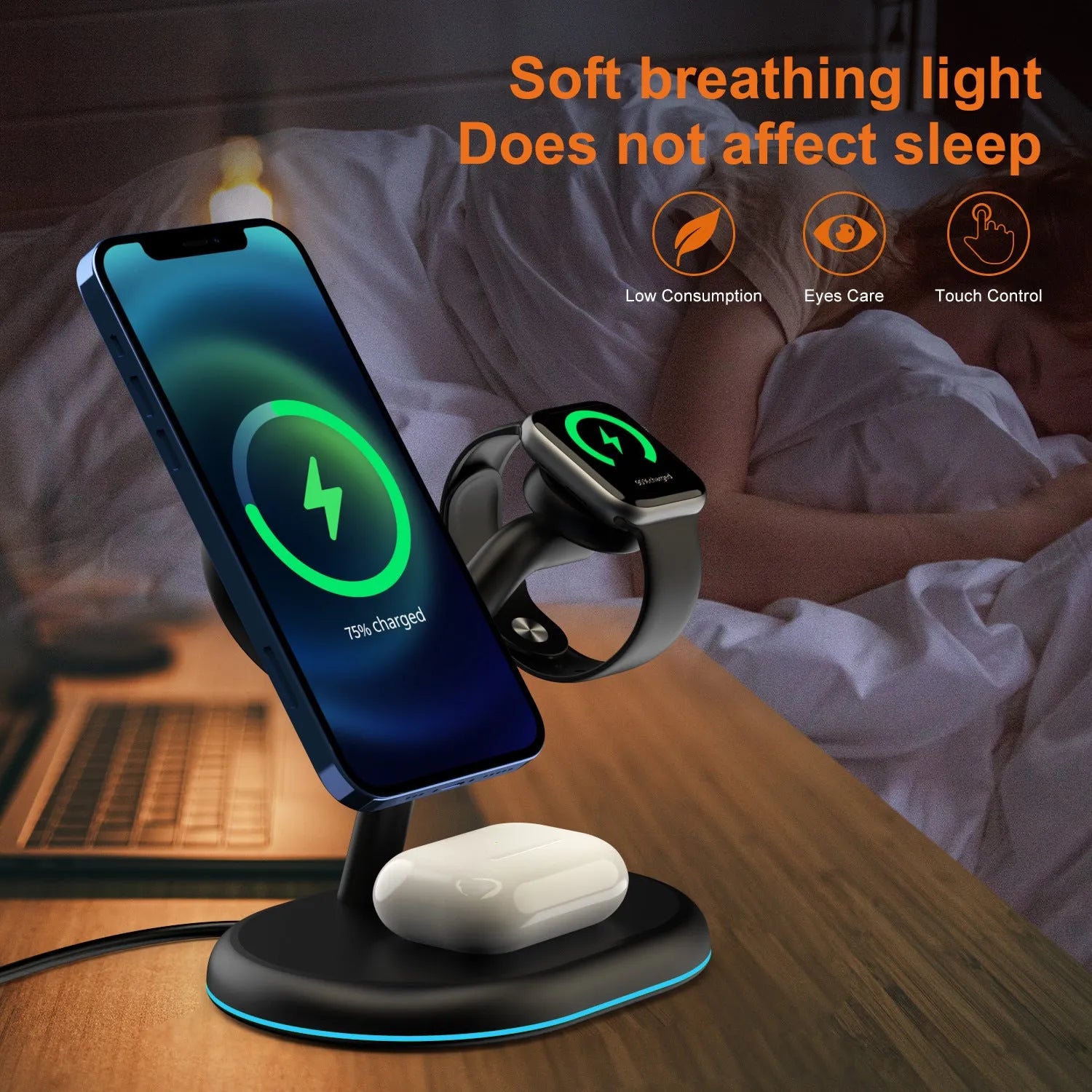 Black three-in-one magnetic wireless charger with ABS case on desktop