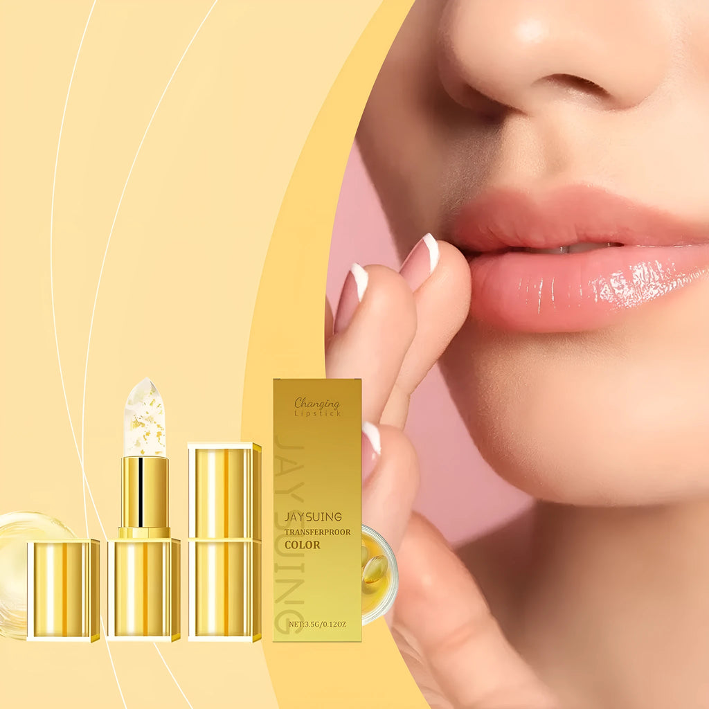 Gold foil discoloration nourishing lipstick in a square silver case, showing the 3.5g bullet.