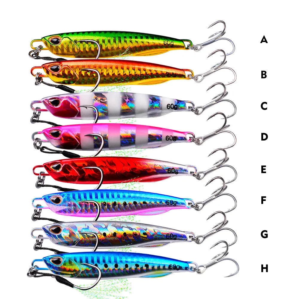 Luya Bait metal iron plate submerged tossing lure with treble hook, luminous finish, 10g and 60g weight options