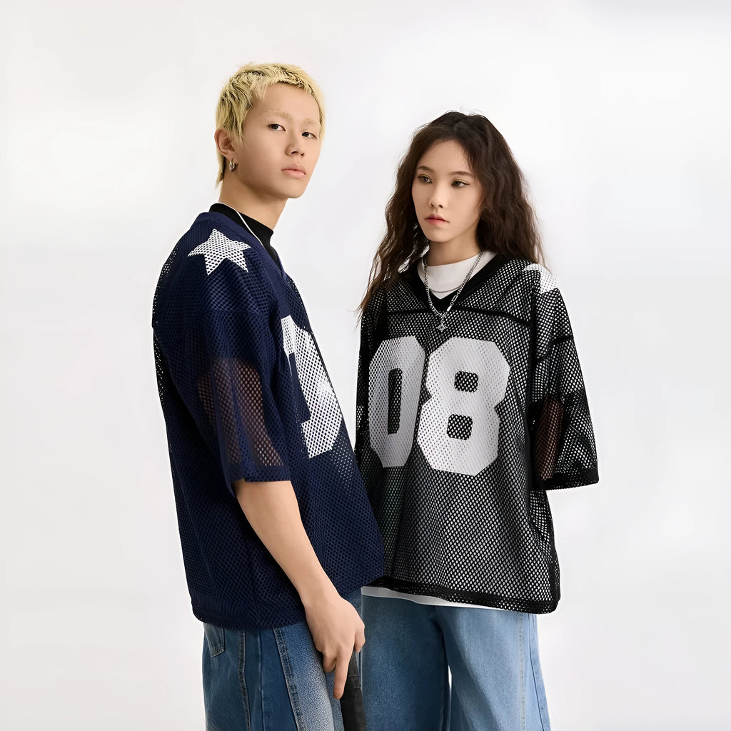 Black and navy blue half sleeve shirt with letter pattern, loose fit pullover design