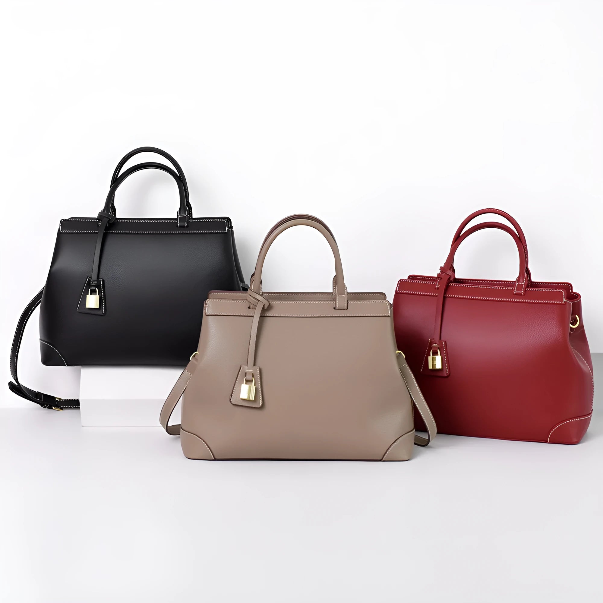 Urban minimalist PU vertical square bag with stitching detail, available in black, light beige brown, and wine red