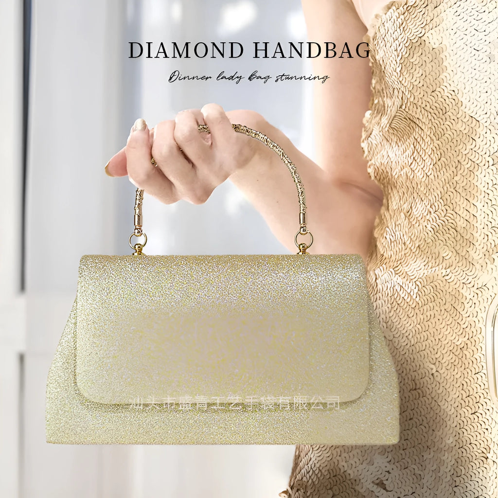 Women's glitter chain handbag in champagne, horizontal square shape, open pocket outer, polyester construction