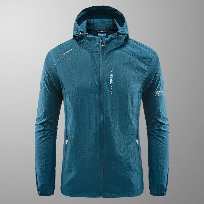 Men's loose fit hooded summer jacket in nylon, shown in light grey colour.