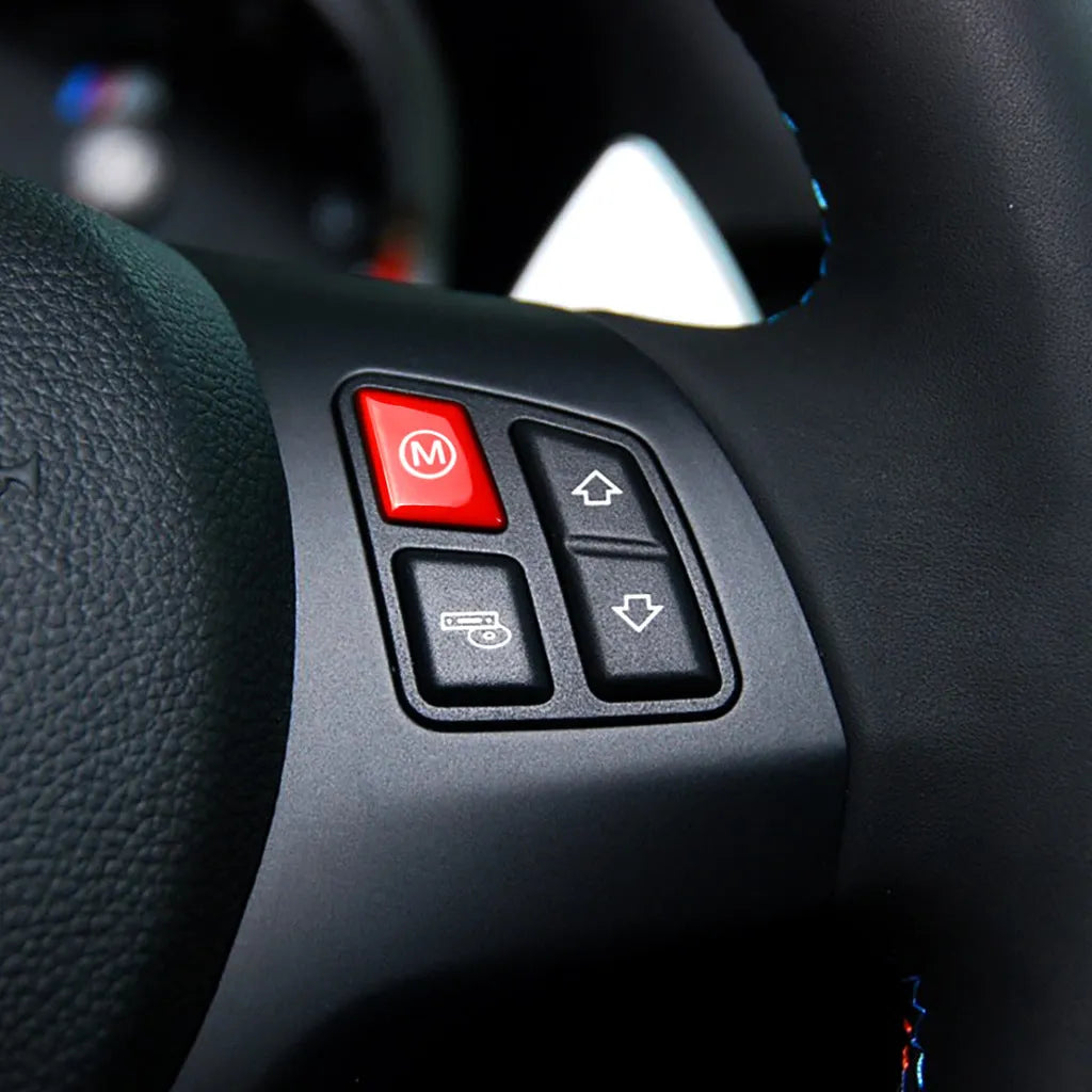 Pair of red M1 and M2 buttons for BMW F30 F34 steering wheel upgrade.