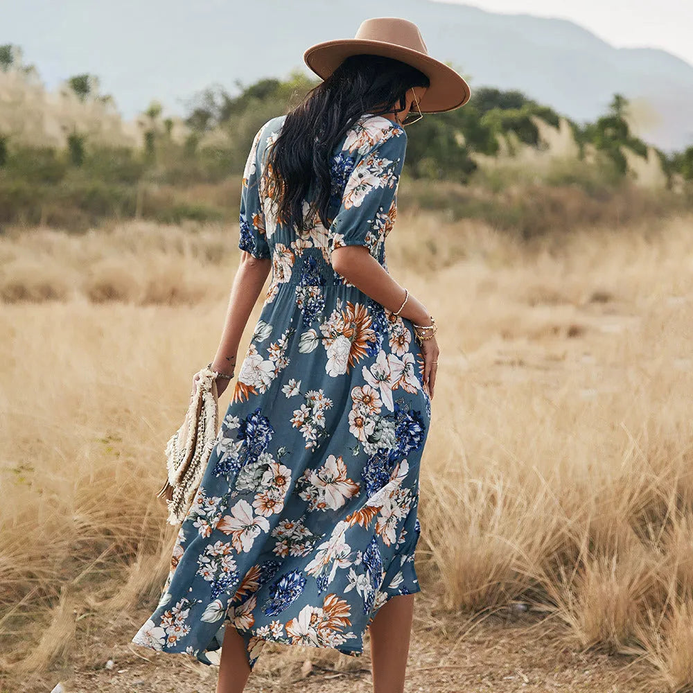 Women's floral print summer beach dress with V-neck and elastic waist