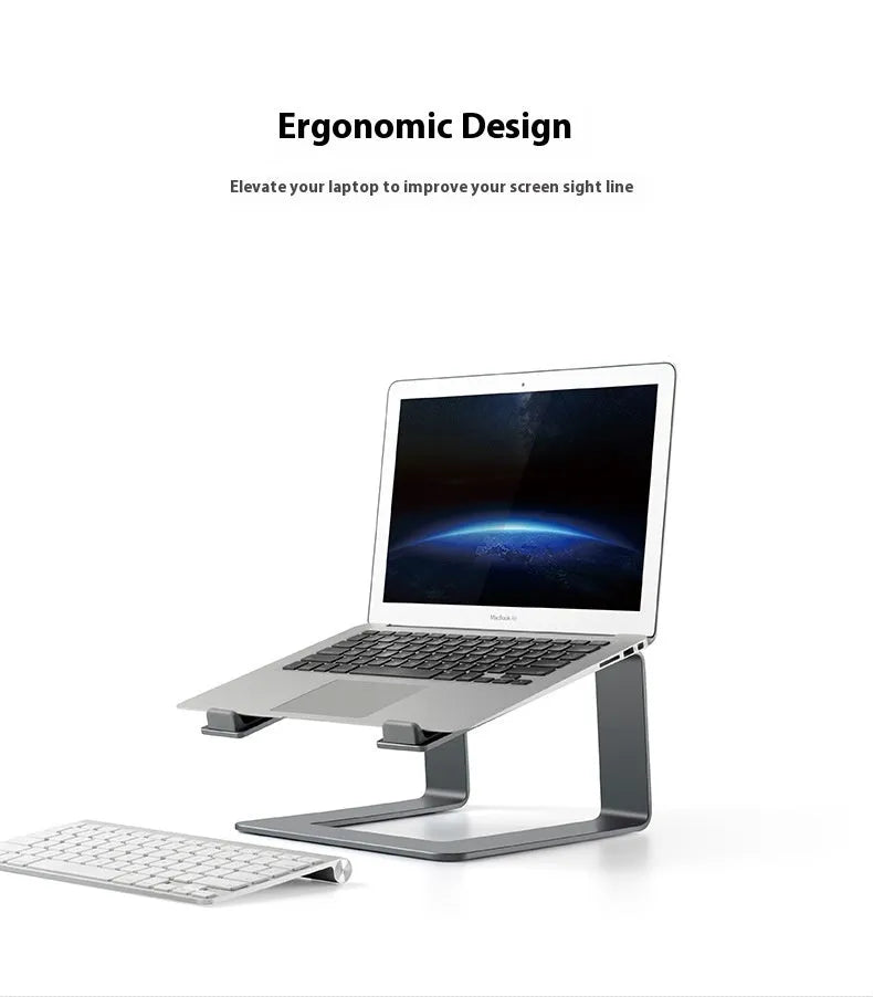 Black aluminium alloy foldable laptop stand with adjustable tilt on desktop