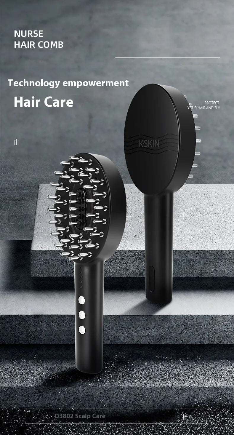 Black handheld scalp massage device with vibration settings and charging cable