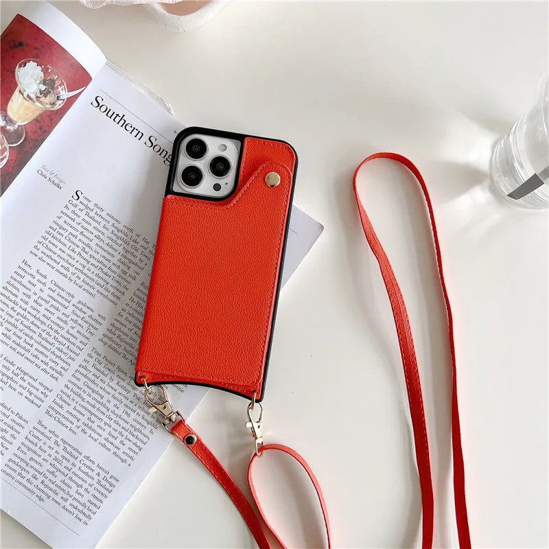 Creative flip crossbody phone case for iPhone 16 in black imitation leather with mirror card holder and lanyard