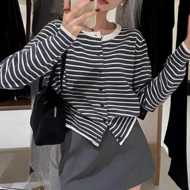 Women's dark grey and white striped slim-fit cardigan coat with long sleeves