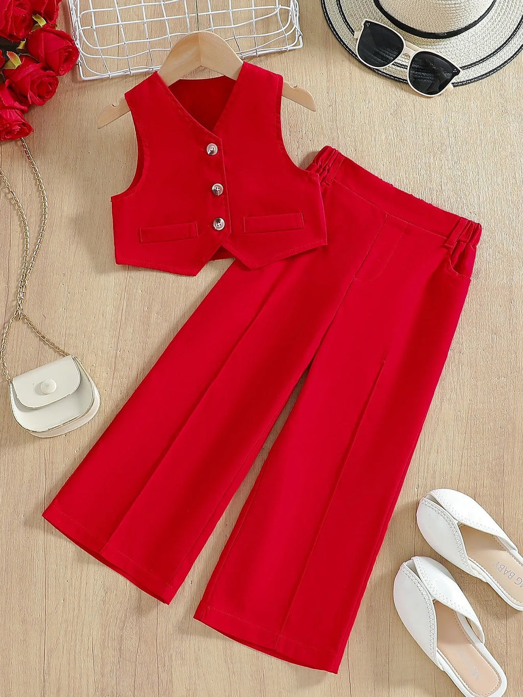 Children's summer casual polyester vest suit for girls in solid colour two-piece set with vest top and trousers