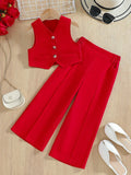 Children's summer casual polyester vest suit for girls in solid colour two-piece set with vest top and trousers