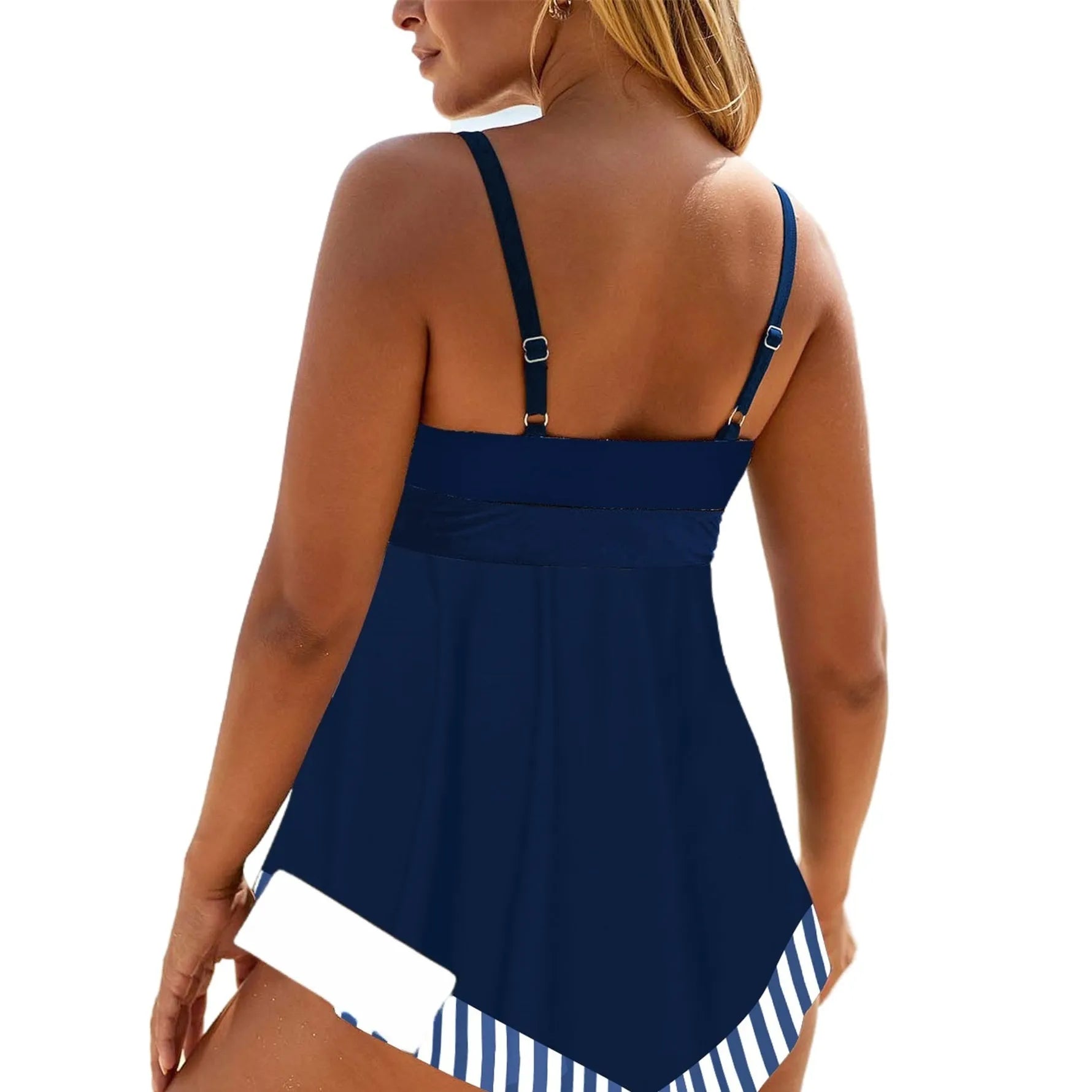 Plus size green two-piece bikini swimsuit with backless briefs style on a mannequin.