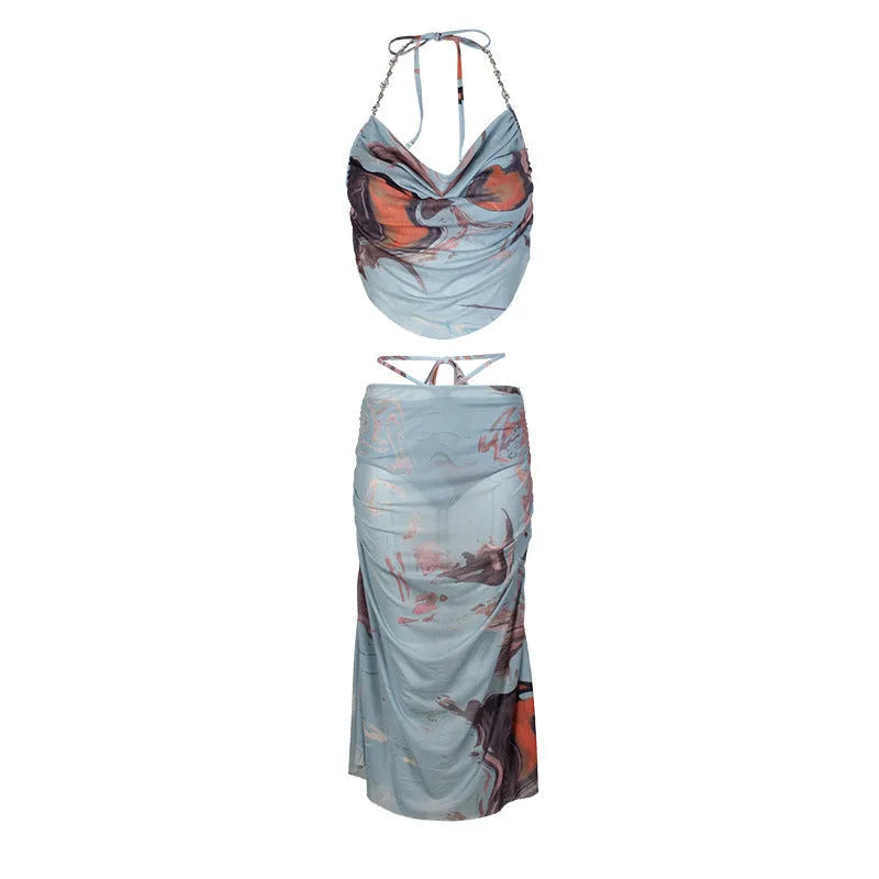 Blue women's bikini set with diamond chain split design, backless top and briefs bottom