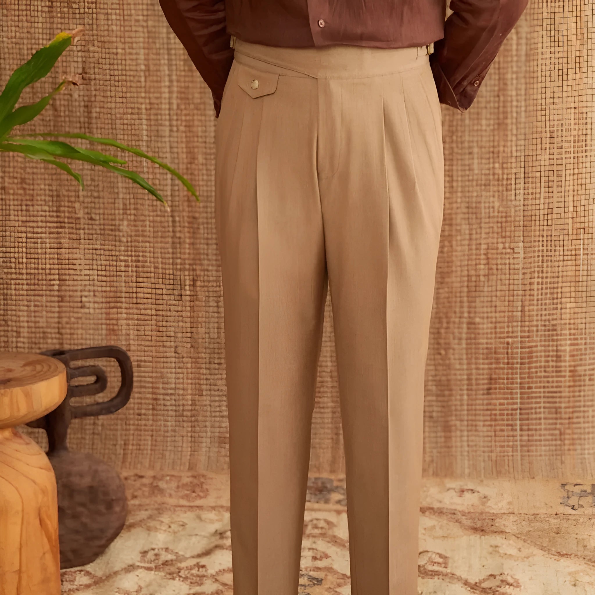Men's slim fit business trousers in polyester, straight leg cut with medium high waist